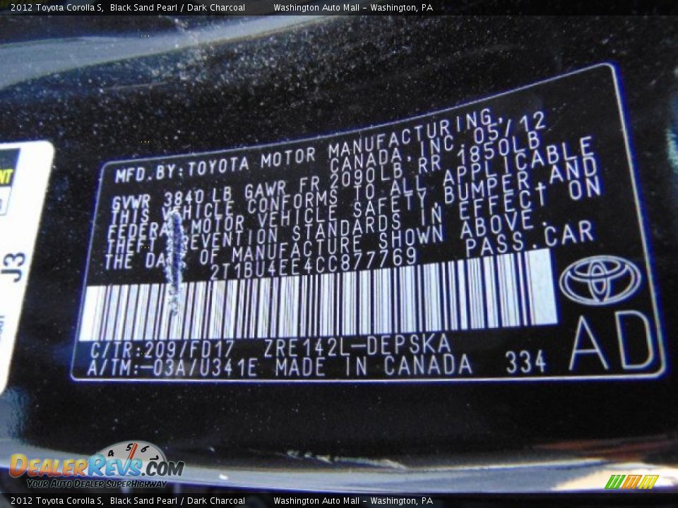 2012 Toyota Corolla S Black Sand Pearl / Dark Charcoal Photo #19