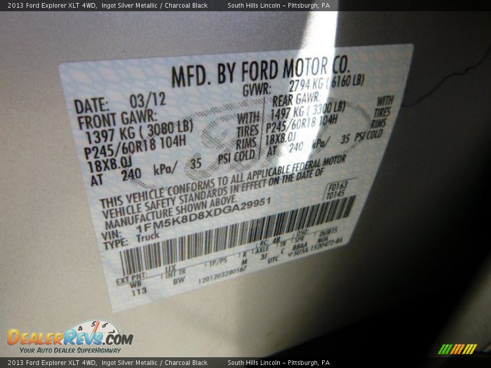 2013 Ford Explorer XLT 4WD Ingot Silver Metallic / Charcoal Black Photo #23