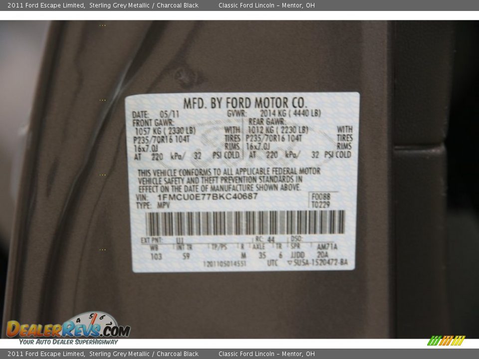 2011 Ford Escape Limited Sterling Grey Metallic / Charcoal Black Photo #16