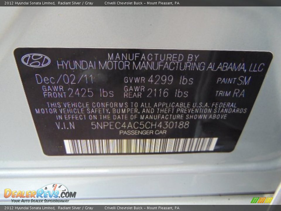 2012 Hyundai Sonata Limited Radiant Silver / Gray Photo #34
