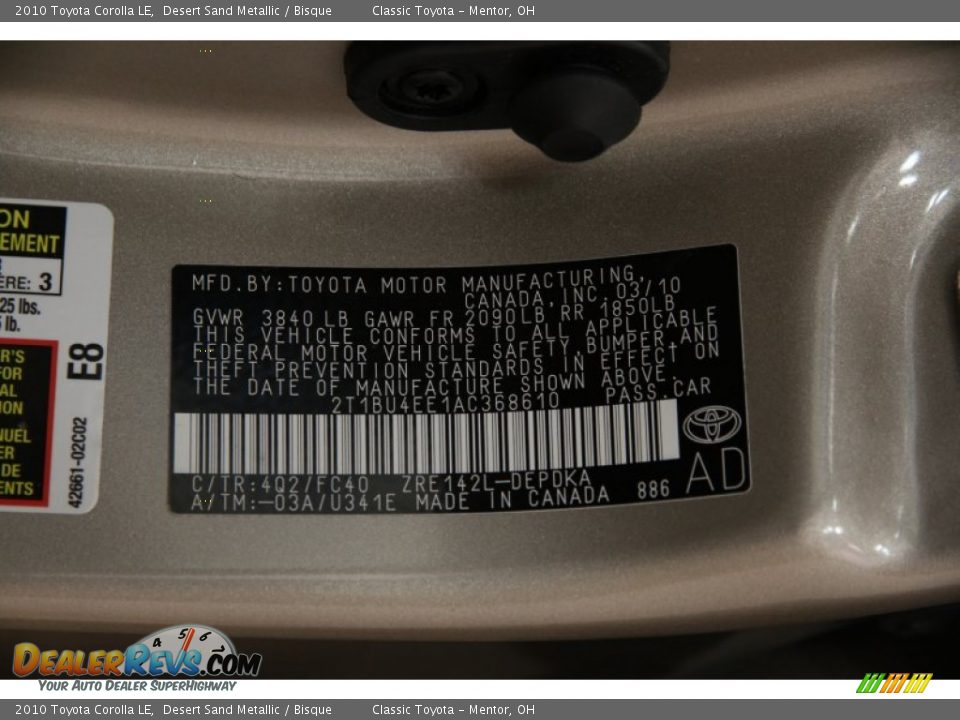 2010 Toyota Corolla LE Desert Sand Metallic / Bisque Photo #16