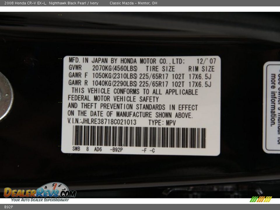 Honda Color Code B92P Nighthawk Black Pearl