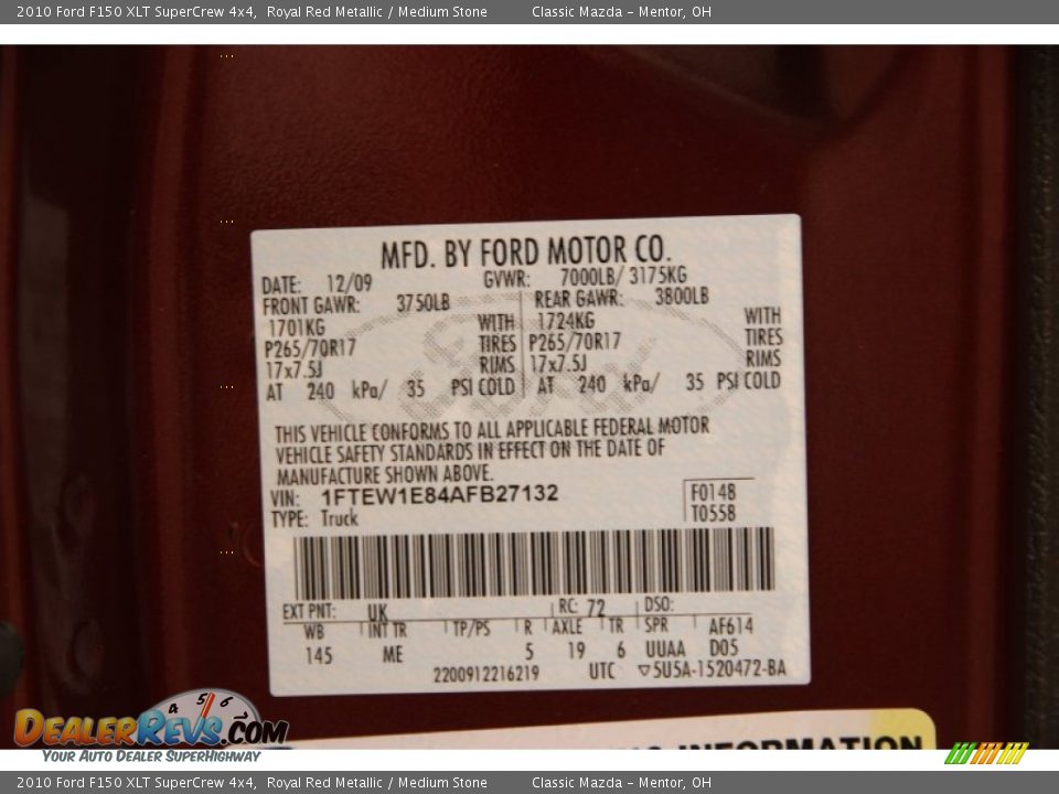 2010 Ford F150 XLT SuperCrew 4x4 Royal Red Metallic / Medium Stone Photo #10