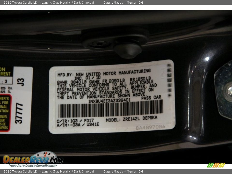 2010 Toyota Corolla LE Magnetic Gray Metallic / Dark Charcoal Photo #15