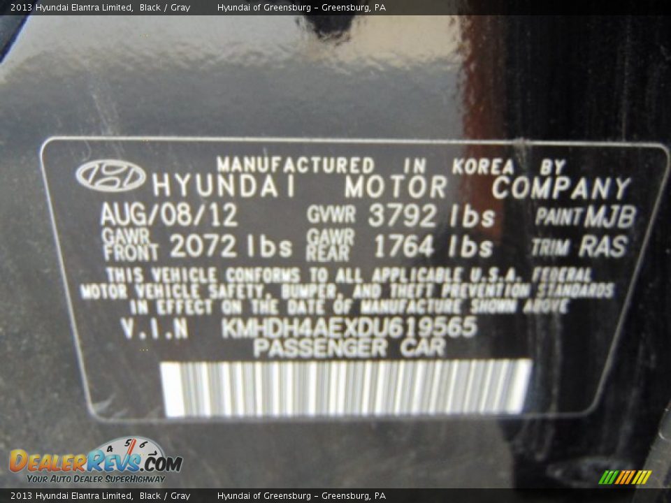 2013 Hyundai Elantra Limited Black / Gray Photo #24