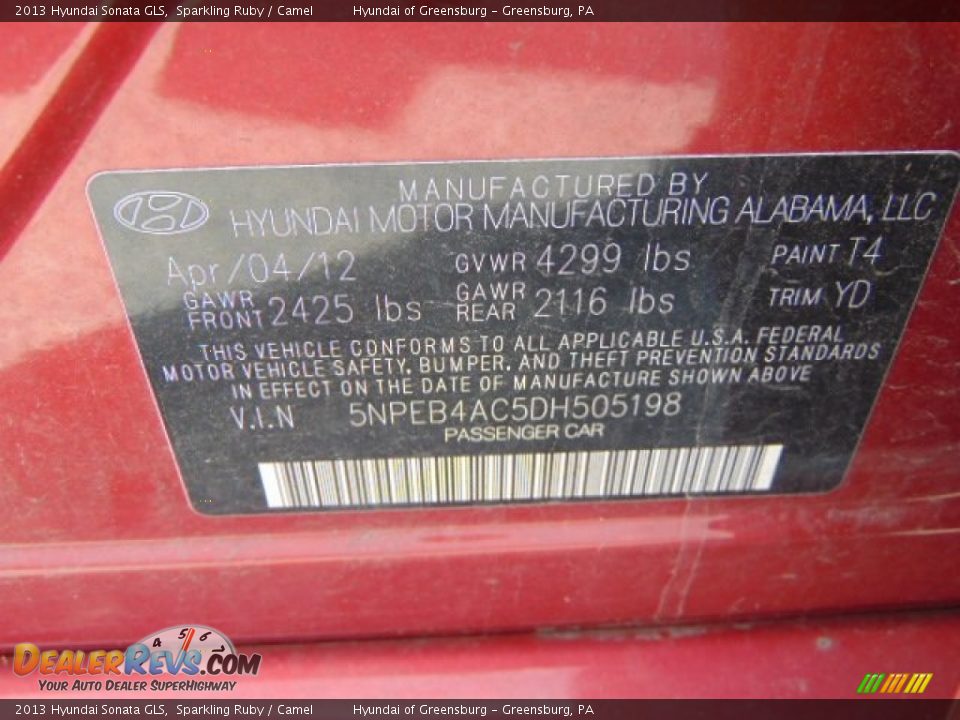 2013 Hyundai Sonata GLS Sparkling Ruby / Camel Photo #22