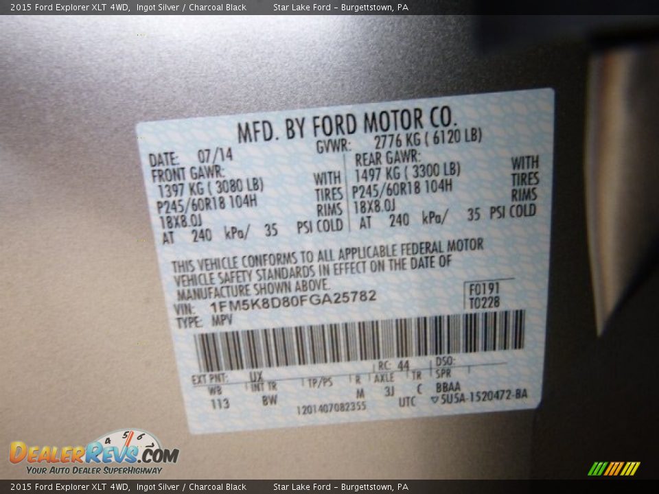 2015 Ford Explorer XLT 4WD Ingot Silver / Charcoal Black Photo #20