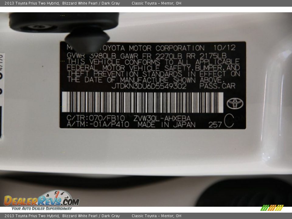2013 Toyota Prius Two Hybrid Blizzard White Pearl / Dark Gray Photo #25