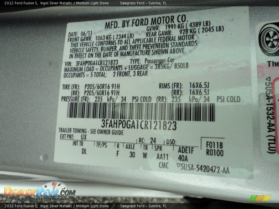 2012 Ford Fusion S Ingot Silver Metallic / Medium Light Stone Photo #33