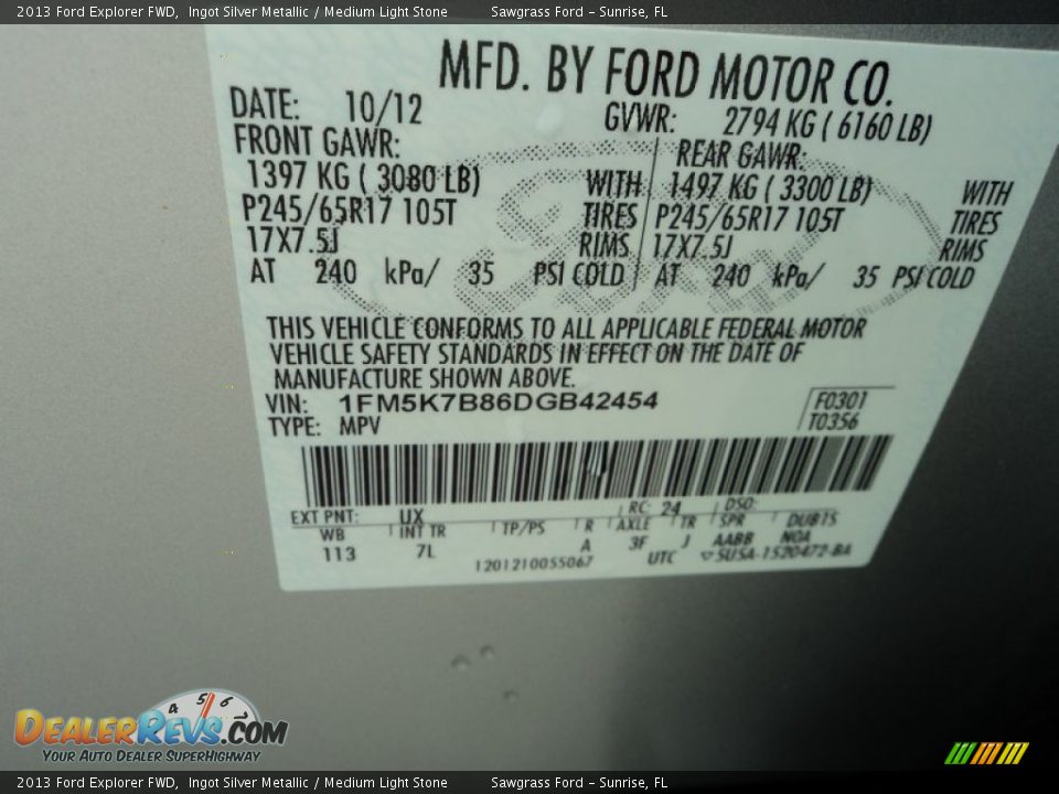 2013 Ford Explorer FWD Ingot Silver Metallic / Medium Light Stone Photo #33