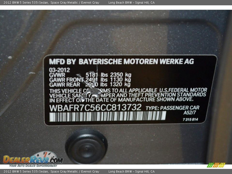 2012 BMW 5 Series 535i Sedan Space Gray Metallic / Everest Gray Photo #11