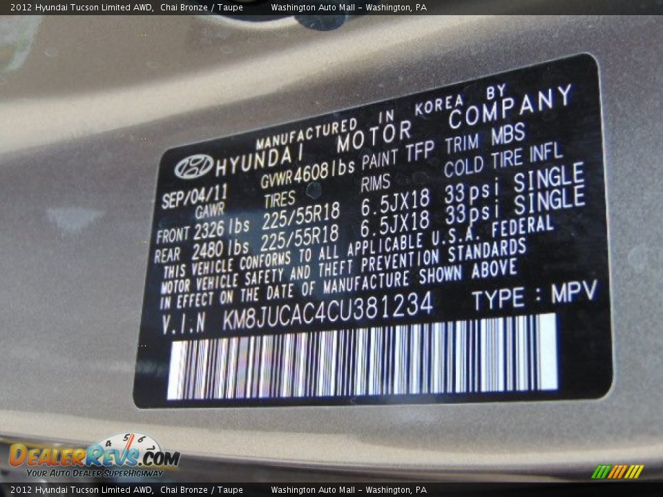 2012 Hyundai Tucson Limited AWD Chai Bronze / Taupe Photo #20
