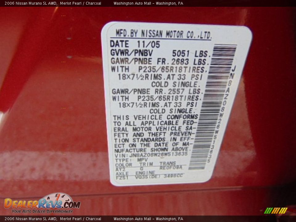 2006 Nissan Murano SL AWD Merlot Pearl / Charcoal Photo #19