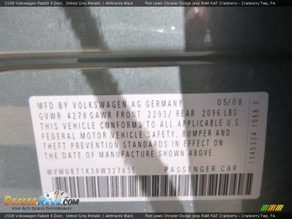 2008 Volkswagen Rabbit 4 Door United Grey Metallic / Anthracite Black Photo #20