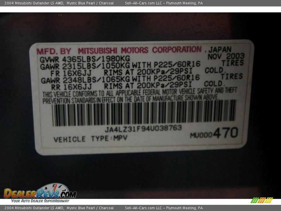 2004 Mitsubishi Outlander LS AWD Mystic Blue Pearl / Charcoal Photo #22