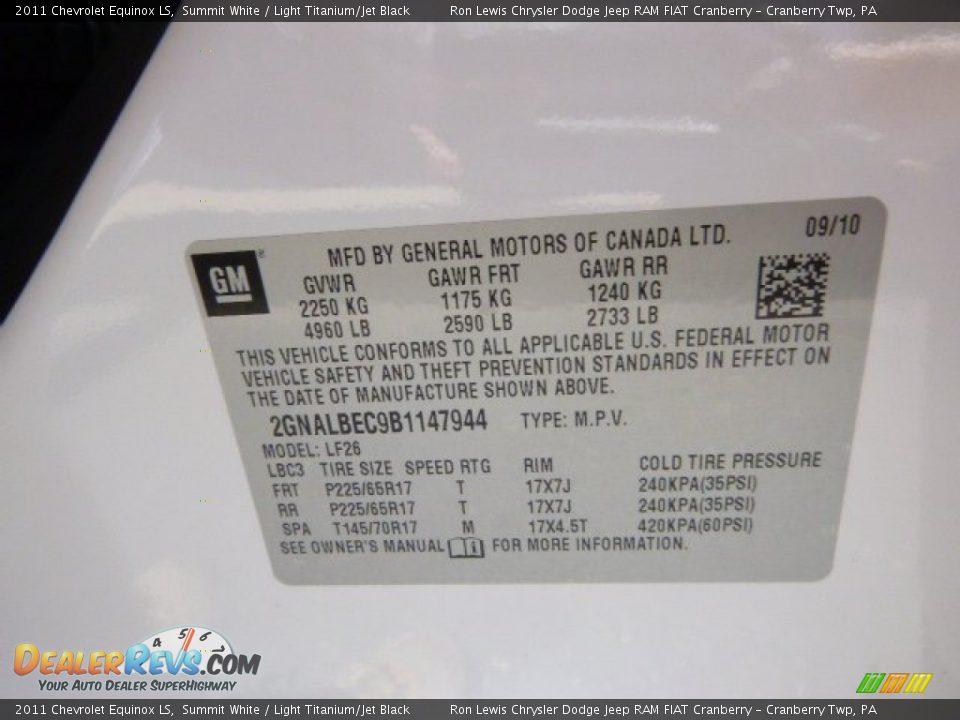 2011 Chevrolet Equinox LS Summit White / Light Titanium/Jet Black Photo #20