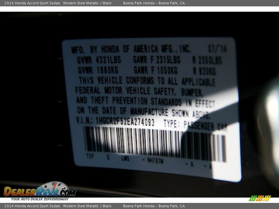 2014 Honda Accord Sport Sedan Modern Steel Metallic / Black Photo #20