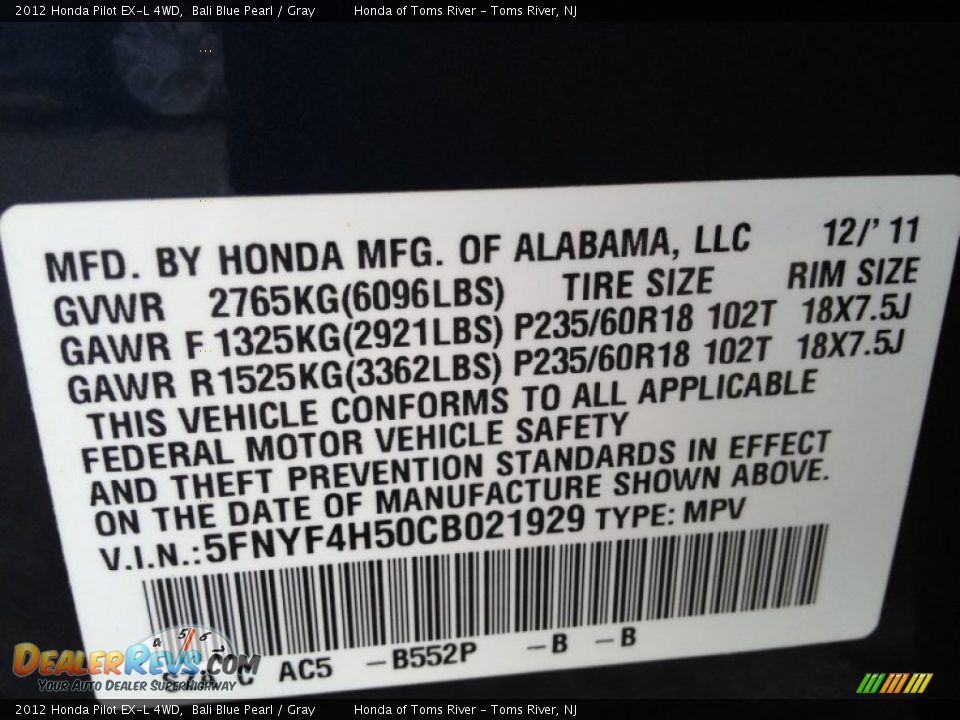 2012 Honda Pilot EX-L 4WD Bali Blue Pearl / Gray Photo #18
