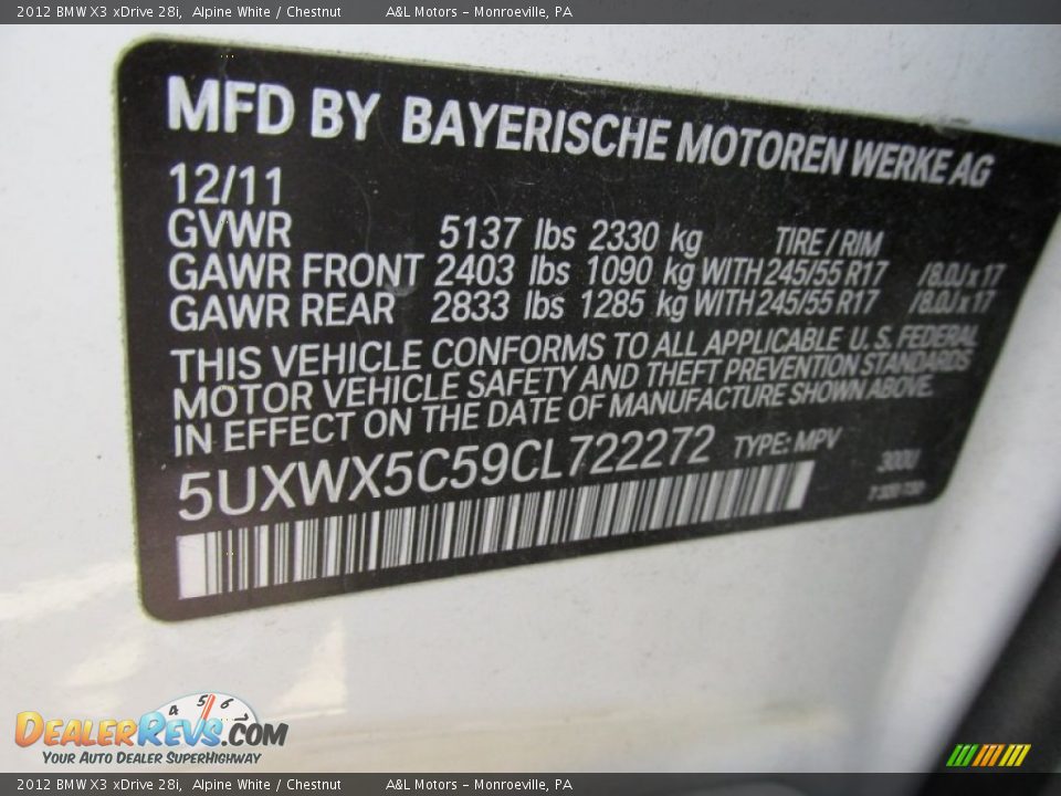 2012 BMW X3 xDrive 28i Alpine White / Chestnut Photo #19