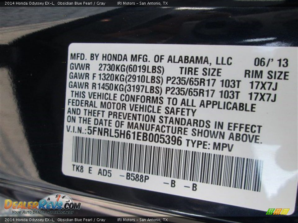 2014 Honda Odyssey EX-L Obsidian Blue Pearl / Gray Photo #16