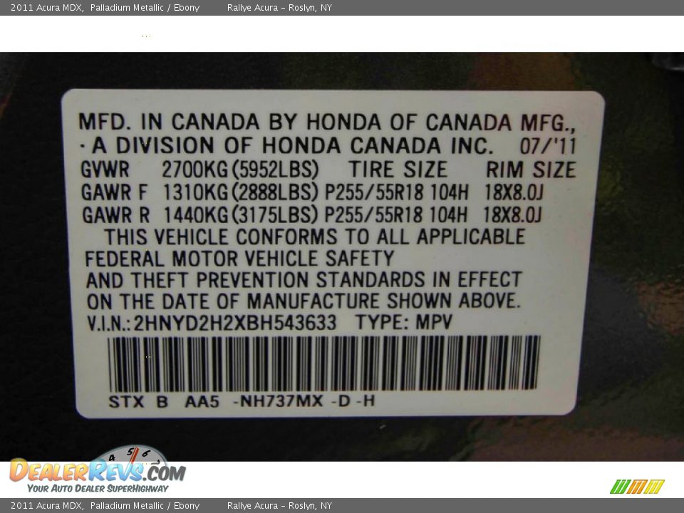 2011 Acura MDX Palladium Metallic / Ebony Photo #21