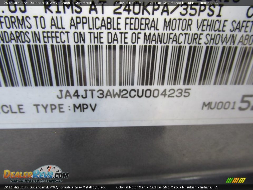 2012 Mitsubishi Outlander SE AWD Graphite Gray Metallic / Black Photo #19