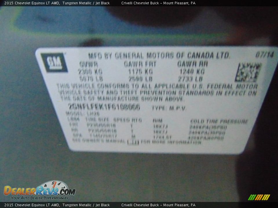 2015 Chevrolet Equinox LT AWD Tungsten Metallic / Jet Black Photo #20
