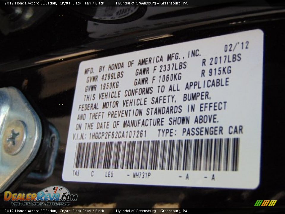 2012 Honda Accord SE Sedan Crystal Black Pearl / Black Photo #24