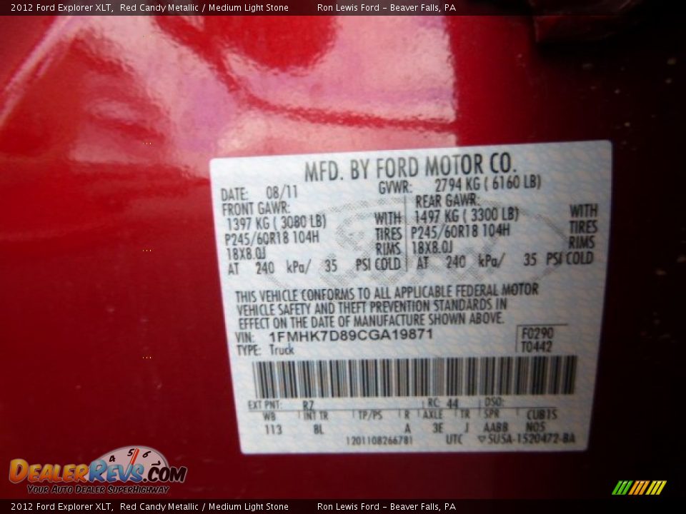 2012 Ford Explorer XLT Red Candy Metallic / Medium Light Stone Photo #20