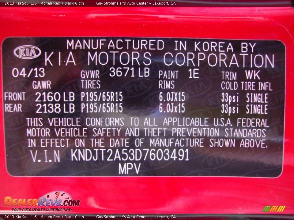 2013 Kia Soul 1.6 Molten Red / Black Cloth Photo #26