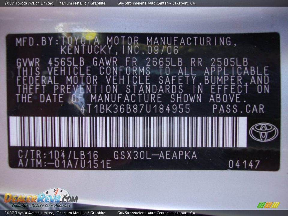 2007 Toyota Avalon Limited Titanium Metallic / Graphite Photo #28