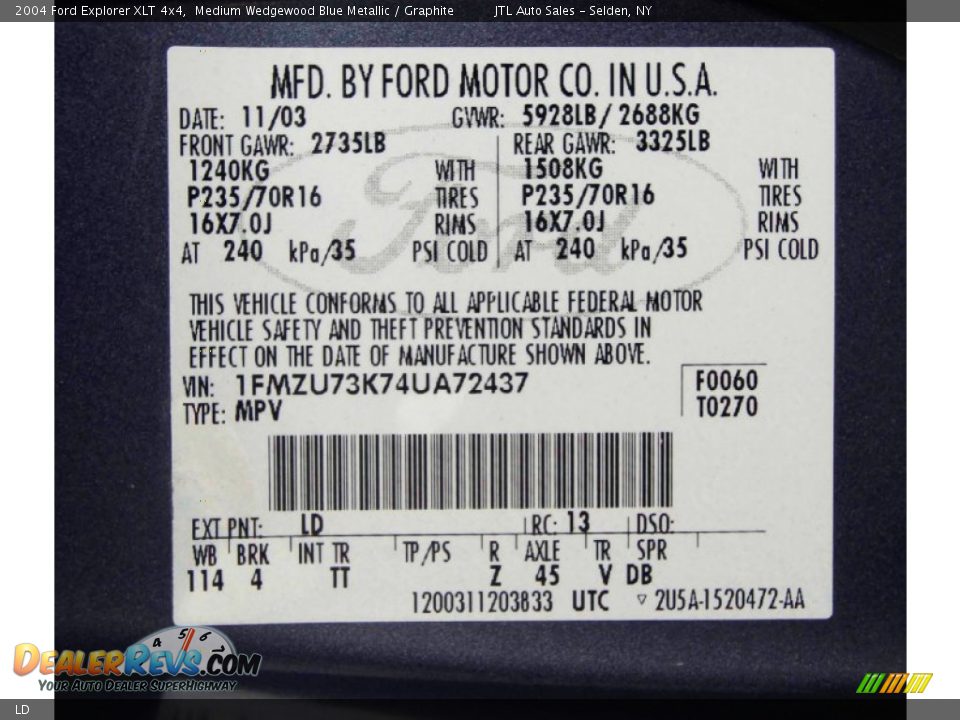 Ford Color Code LD Medium Wedgewood Blue Metallic