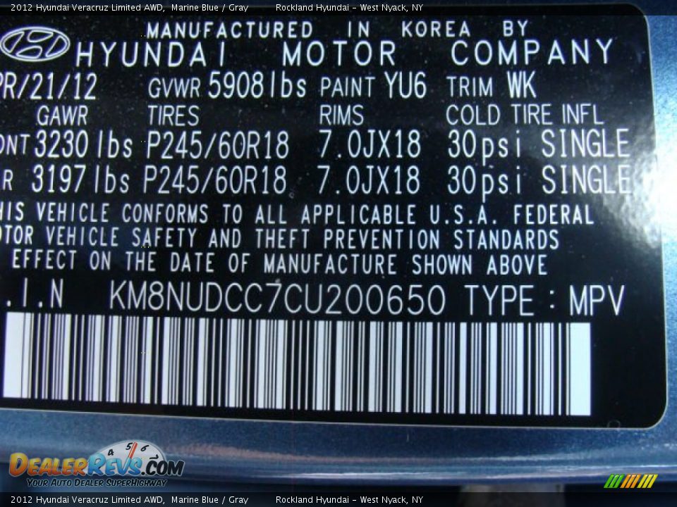 2012 Hyundai Veracruz Limited AWD Marine Blue / Gray Photo #31