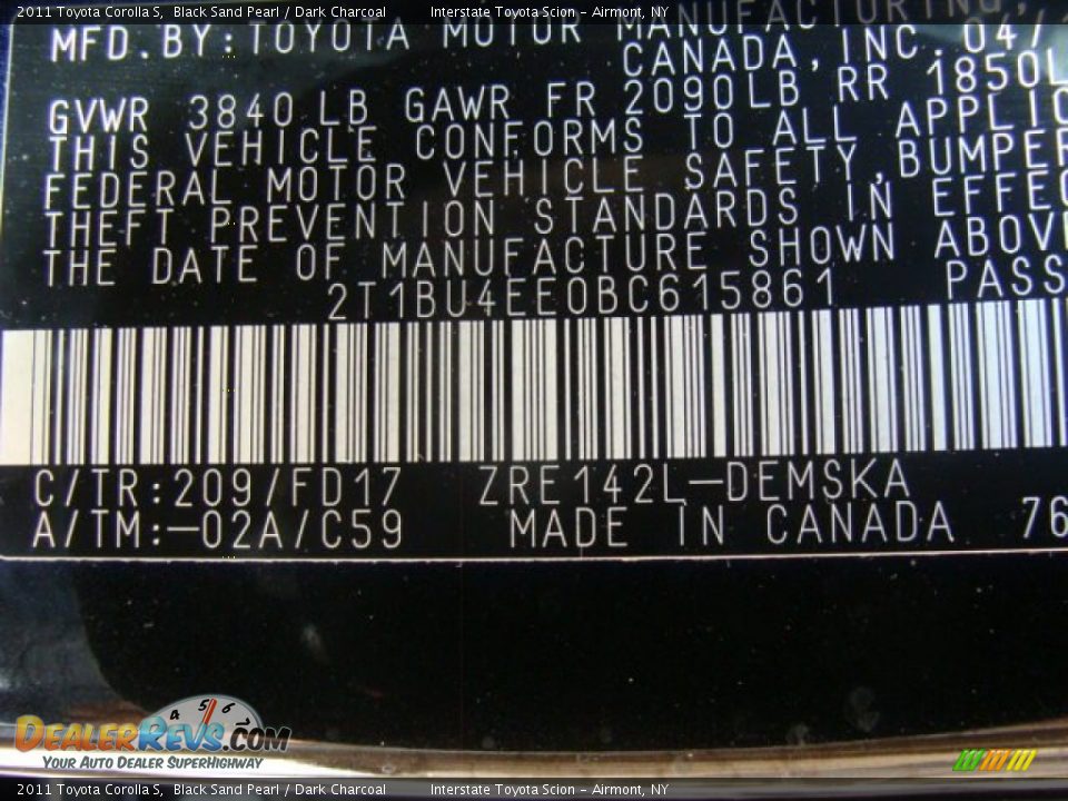 2011 Toyota Corolla S Black Sand Pearl / Dark Charcoal Photo #27