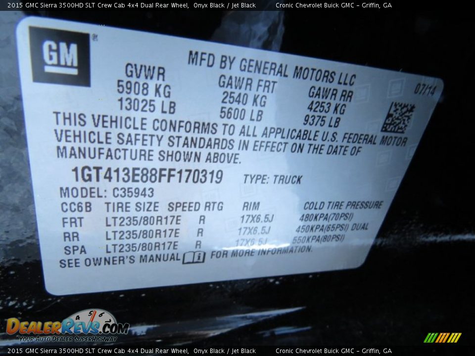 Info Tag of 2015 GMC Sierra 3500HD SLT Crew Cab 4x4 Dual Rear Wheel Photo #16