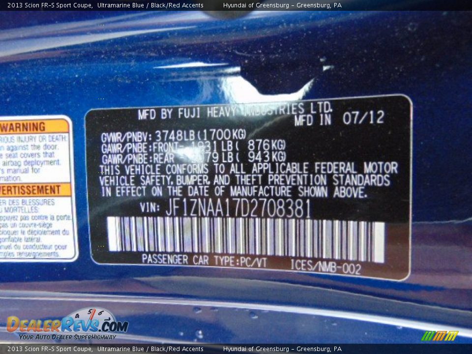 2013 Scion FR-S Sport Coupe Ultramarine Blue / Black/Red Accents Photo #24