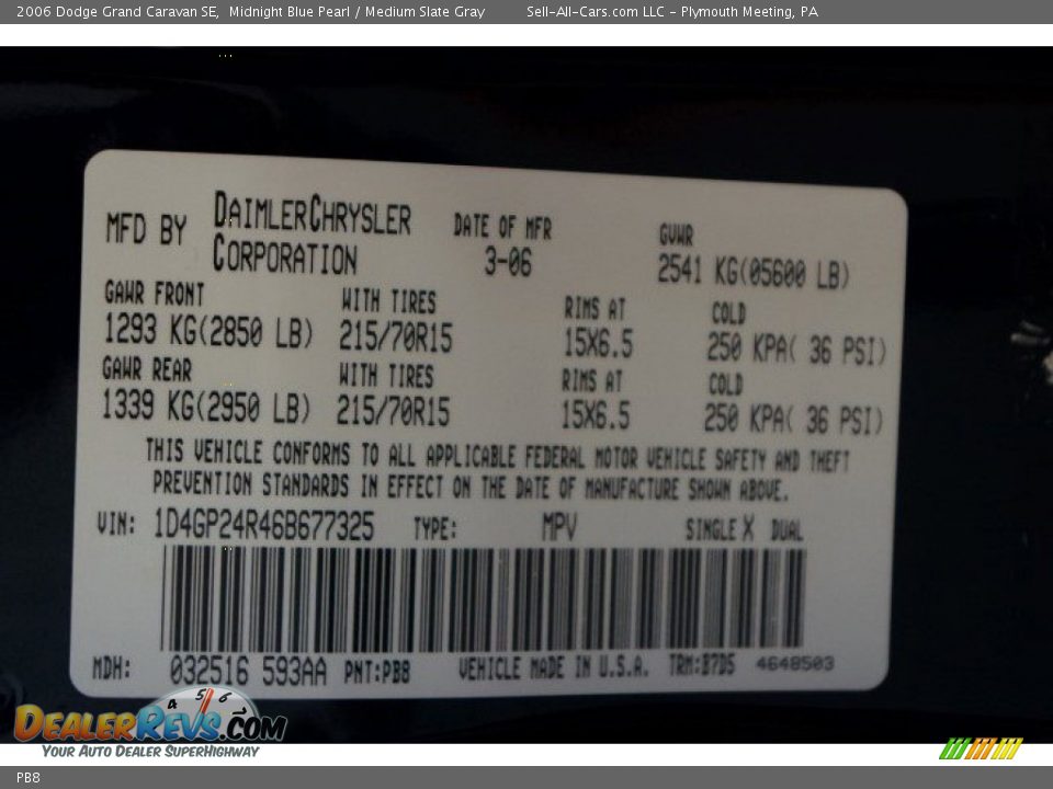 Dodge Color Code PB8 Midnight Blue Pearl