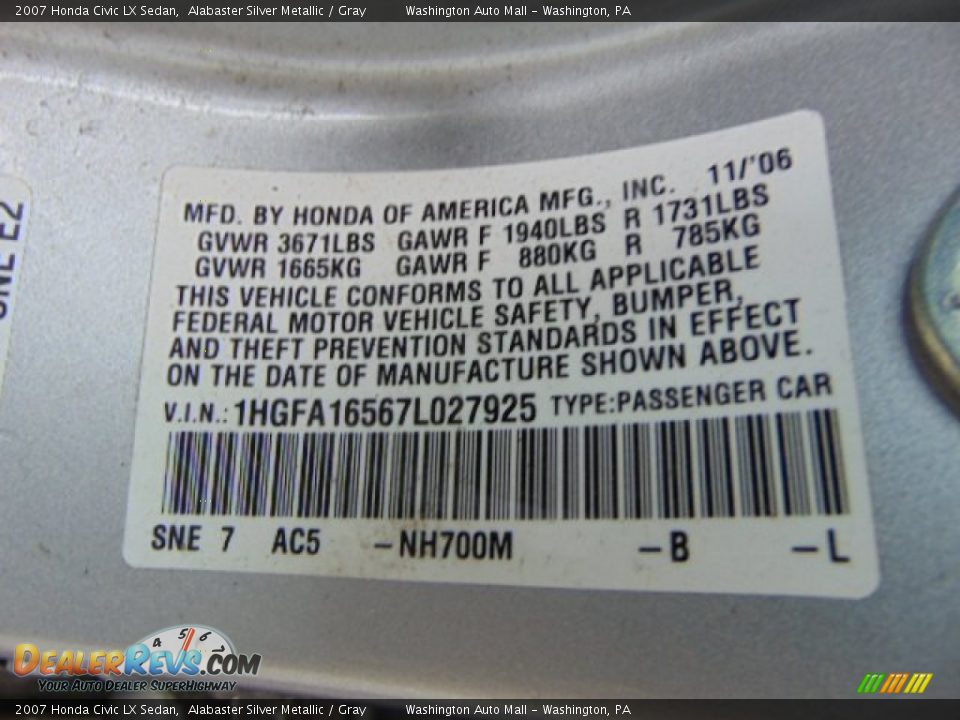 2007 Honda Civic LX Sedan Alabaster Silver Metallic / Gray Photo #19