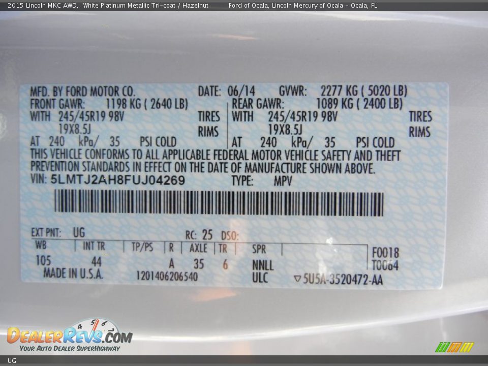 Lincoln Color Code UG White Platinum Metallic Tri-coat