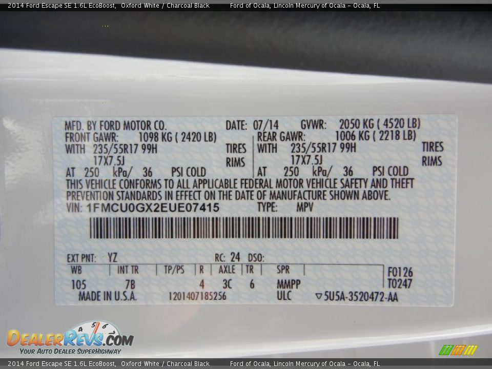 2014 Ford Escape SE 1.6L EcoBoost Oxford White / Charcoal Black Photo #12