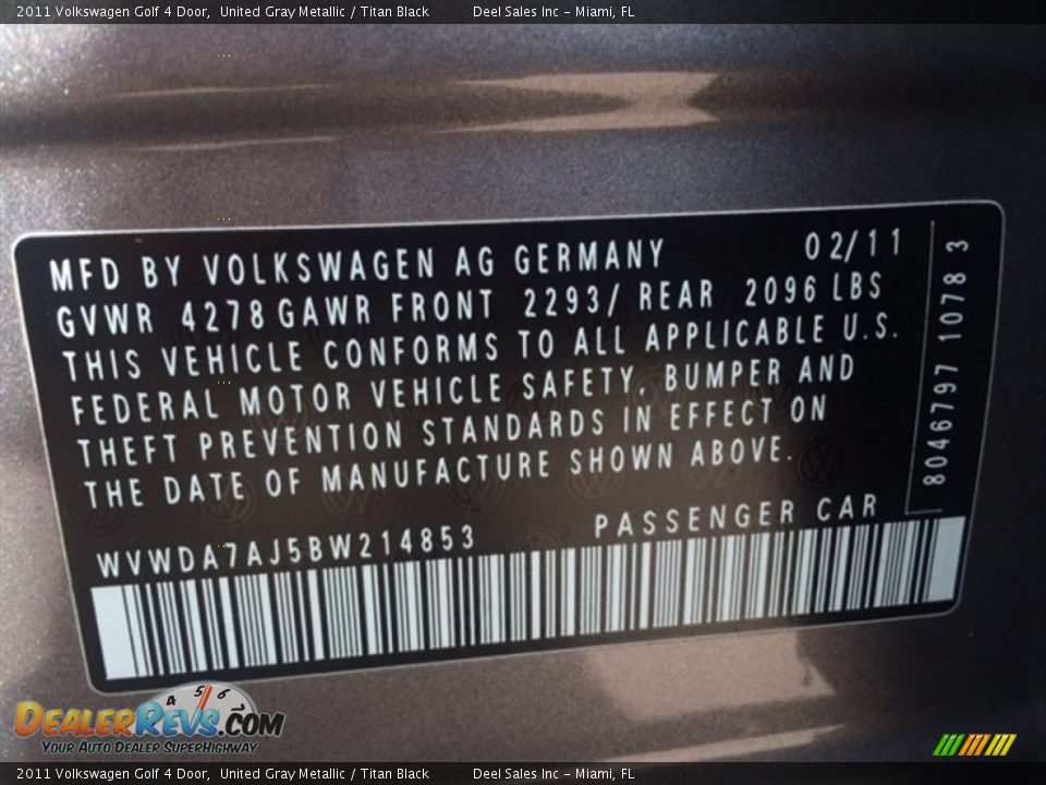 2011 Volkswagen Golf 4 Door United Gray Metallic / Titan Black Photo #14