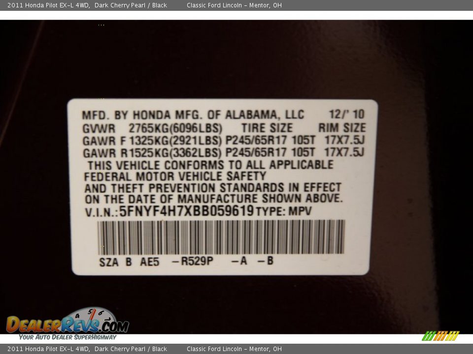 2011 Honda Pilot EX-L 4WD Dark Cherry Pearl / Black Photo #21