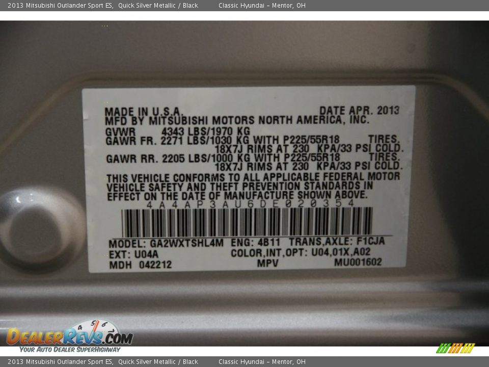 2013 Mitsubishi Outlander Sport ES Quick Silver Metallic / Black Photo #15