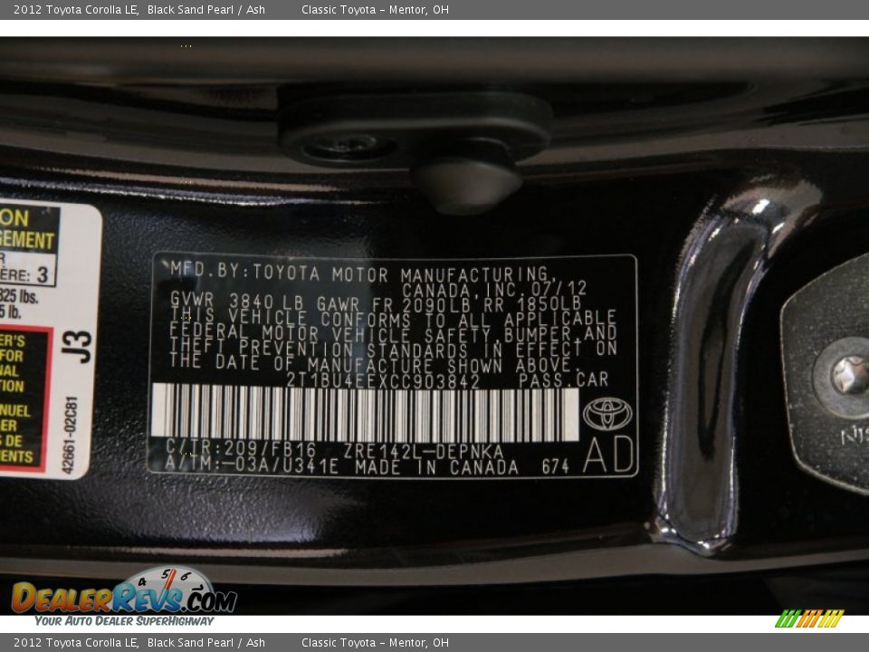 2012 Toyota Corolla LE Black Sand Pearl / Ash Photo #16