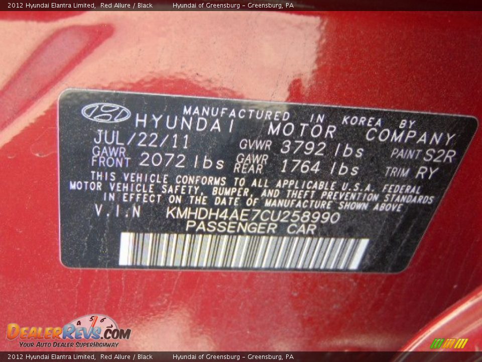 2012 Hyundai Elantra Limited Red Allure / Black Photo #24