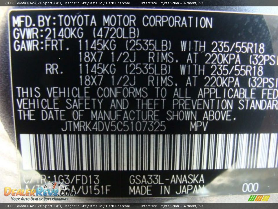 2012 Toyota RAV4 V6 Sport 4WD Magnetic Gray Metallic / Dark Charcoal Photo #24