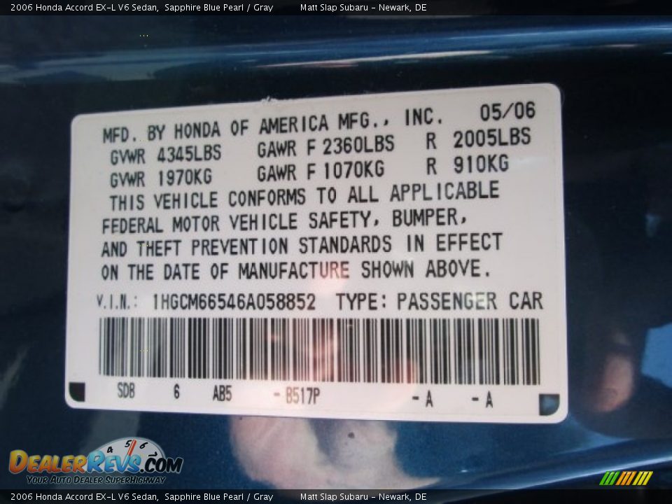 2006 Honda Accord EX-L V6 Sedan Sapphire Blue Pearl / Gray Photo #29