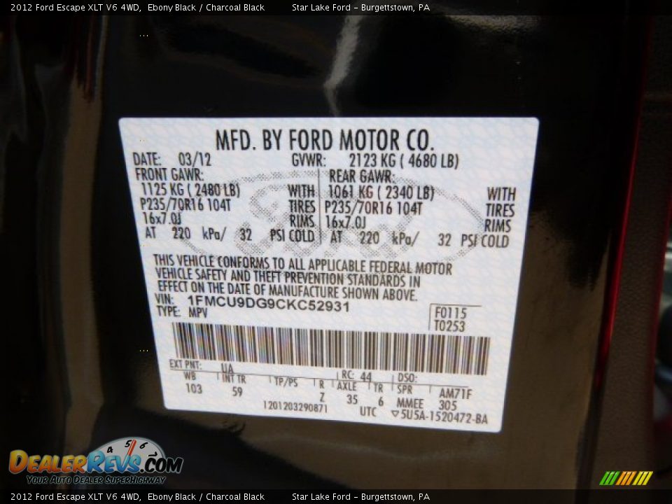 2012 Ford Escape XLT V6 4WD Ebony Black / Charcoal Black Photo #20