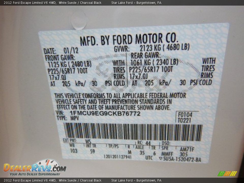 2012 Ford Escape Limited V6 4WD White Suede / Charcoal Black Photo #20