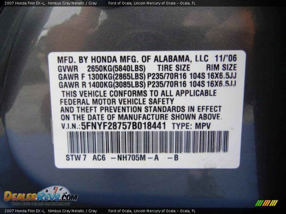2007 Honda Pilot EX-L Nimbus Gray Metallic / Gray Photo #27